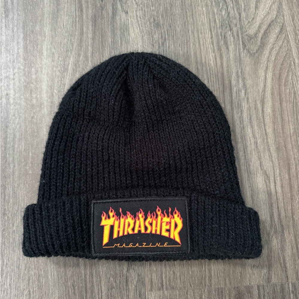 Thrasher Black Beanie with Flame Logo